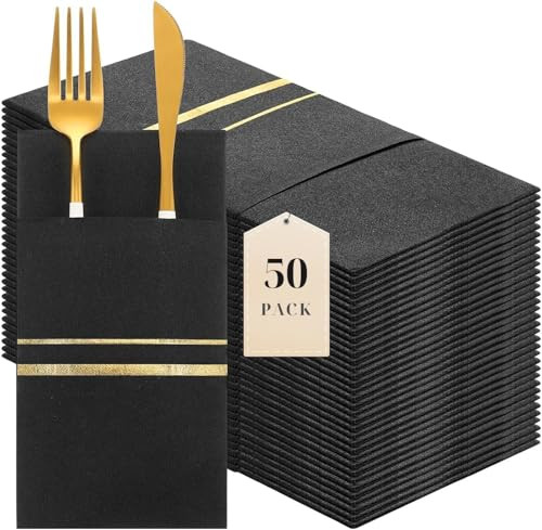 50Pack Cloth-Like Hand Napkins, Linen Feel Dinner Napkins with Flatware Pocket for Weddings, Part... | Amazon (US)