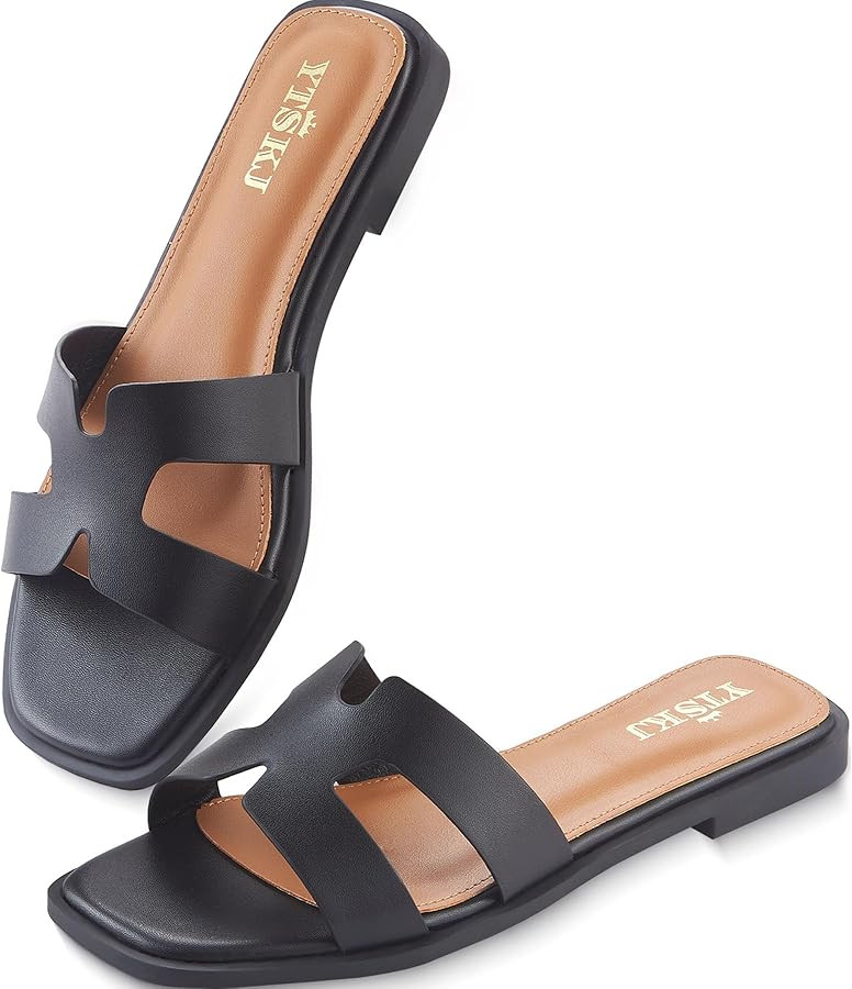Sandals for Women 2026 Dressy Slides Flat Open Toe Comfortable Soft Leather Slip On Ladies Casual... | Amazon (US)