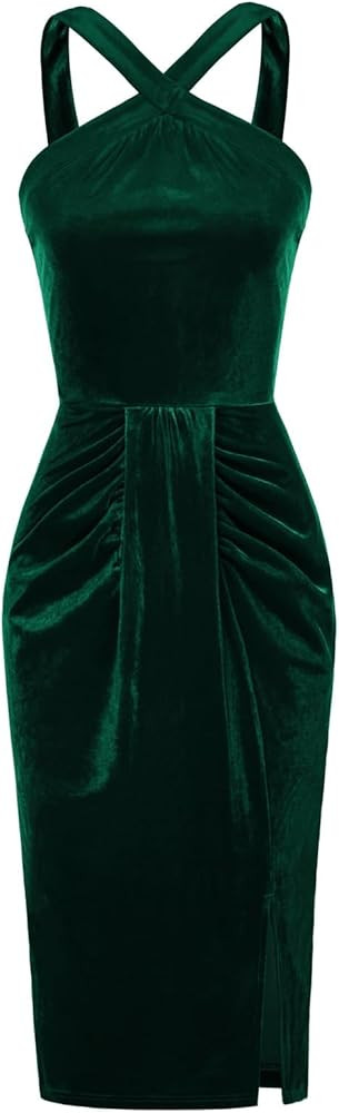 Belle Poque Women's Vintage Cocktail Dress Halter Neck Midi Velvet Bodycon Dress with Slit | Amazon (US)