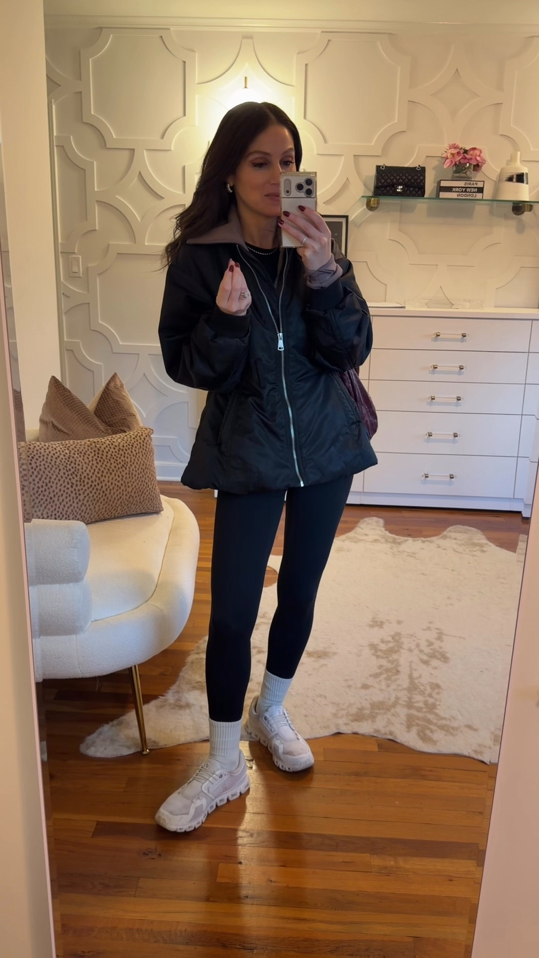Realistic outfit to pick up my kids! The softest leggings comes with a sports bra and it’s an amazing set. True to size. The jacket is on major sale and a favorite!!! True size. The half zip also true to size as well as the t shirt.