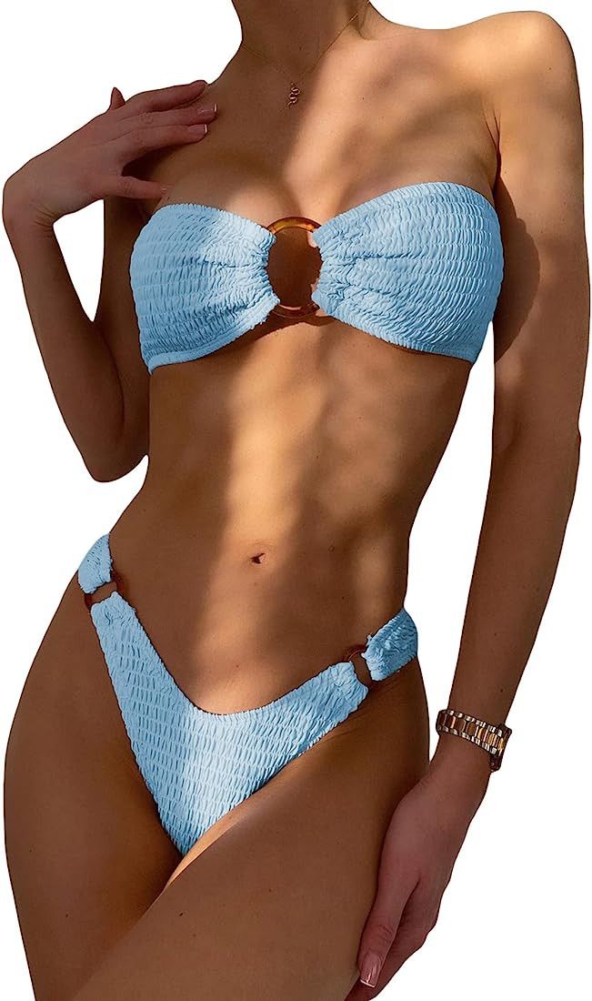 WDIRARA Women's 2 Piece Strapless Smocked Ring Bandeau Bikini Set Swimsuit Bathing Suits | Amazon (US)