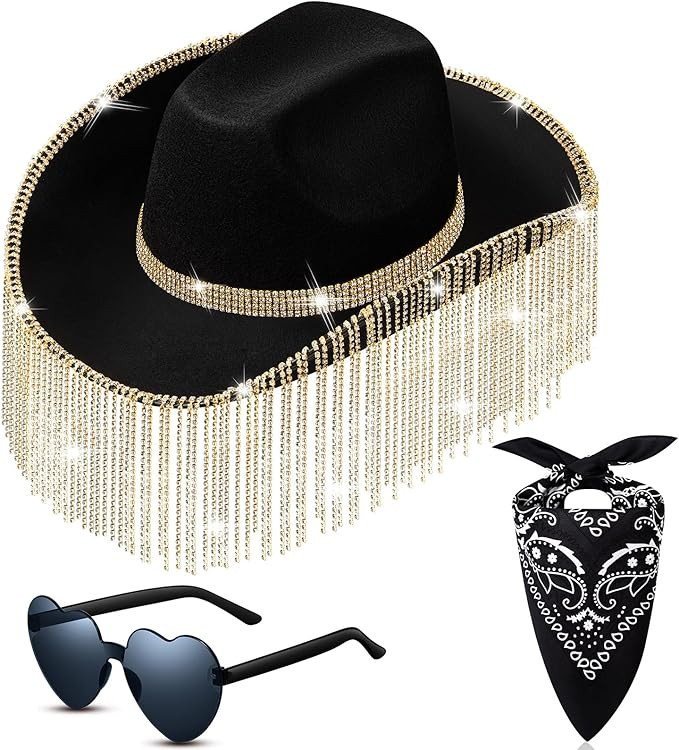 Rhinestone Cowboy Hat Glitter Cowboy Hat with Glasses, Headscarves, Adhesive Rhinestone Letter Pa... | Amazon (US)
