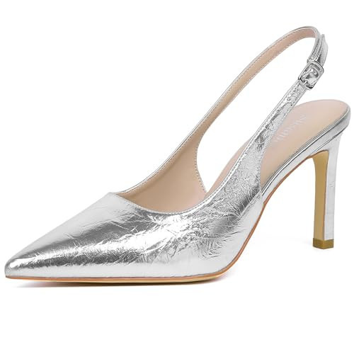 Susanny Women's Silver Slingback Heels Pointed Toe Closed High Metallic Heels Sexy Stiletto Comfortable Pumps Ankle Strap Casual Wedding Bridal Party Office to Evening Dress Shoes 10 | Amazon (US)