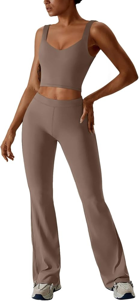 REORIA Women's Two Piece Workout Sets V Neck Crop Tank Top and High Waisted Flare Leggings Pants ... | Amazon (US)