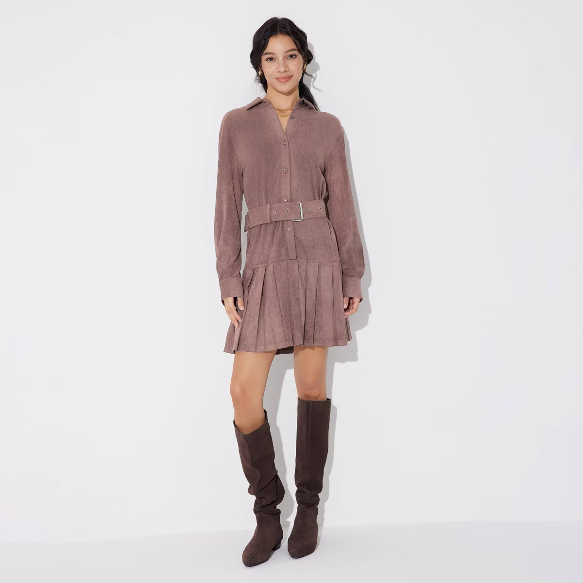 Women's Long Sleeve Suede Mini Shirtdress - Wild Fable™ Mauve Taupe S | Target