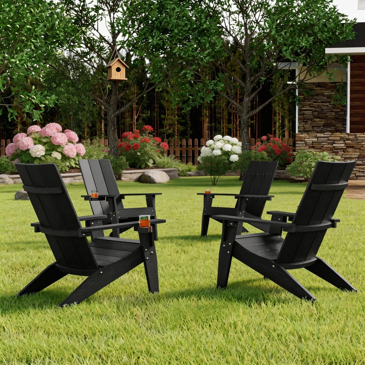 Aurra Set of 4 Modern All Weather Outdoor HIPS Plastic Adirondack Chairs with Cup Holder Oversize... | Wayfair North America
