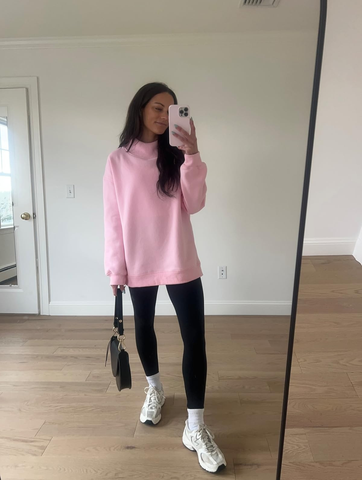 Casual comfy outfit- mockneck in S, leggings in XS. Oversized sweatshirt/leggings/black shoulder bag.
 

 #LTKPetite