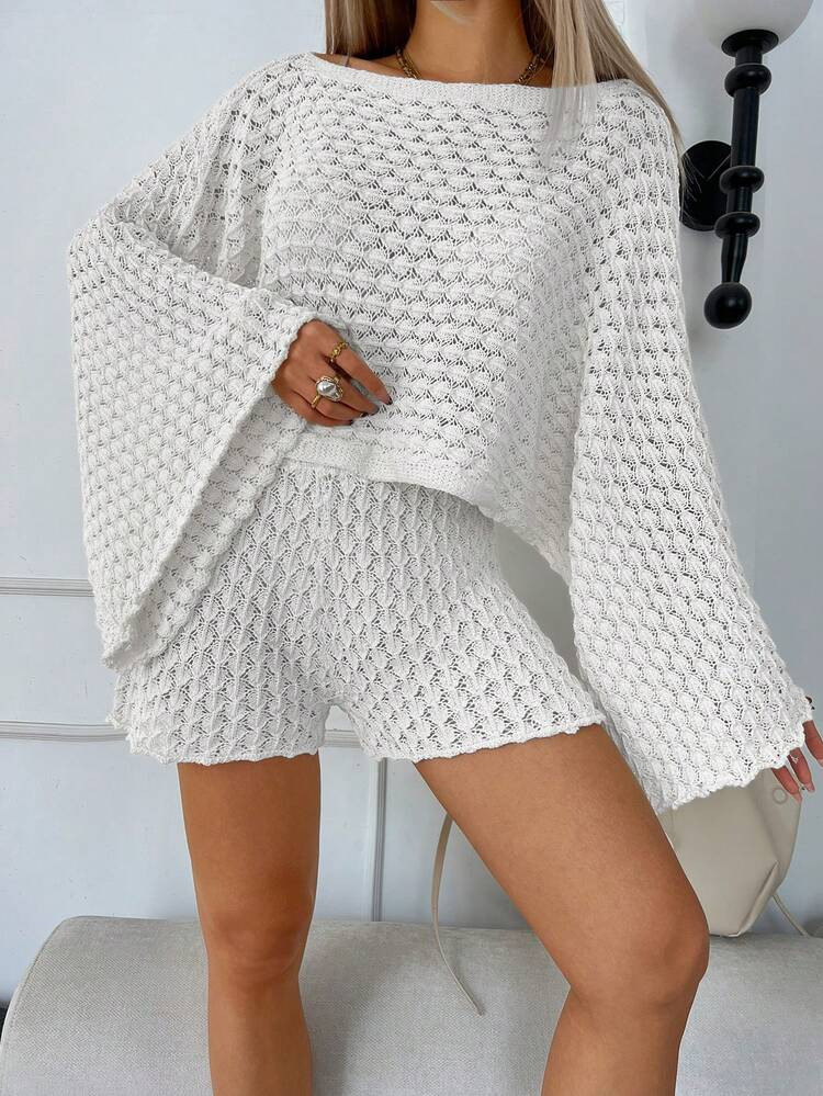 Sylvia Women's Summer Hollow Out Sheer Flare Sleeve Boat Neck Loose Breathable Knit Fabric Knit Top And Shorts Two Pieces Set, Relaxed Sexy Vibe, Casual Commute, Simple Beach Holiday Outfit White | SHEIN