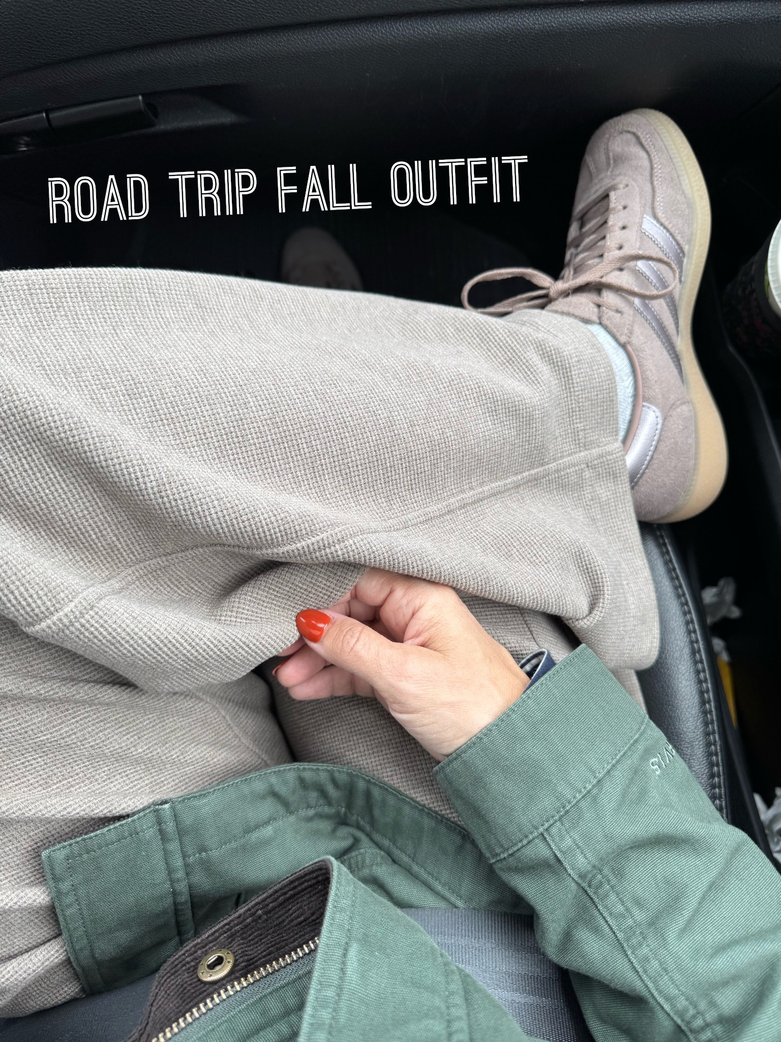 Road trip fall outfit, comfort a must! Adidas, Lululemon waffle knit sweatpants, Orvis barn coat over a long sleeve top.

#LTKdayinmylife #LTKTravel #LTKOver40