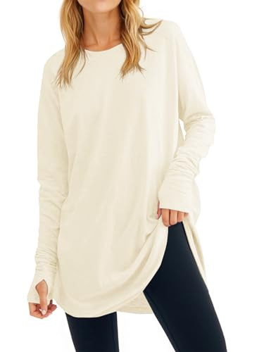Fisoew Women's Casual Long Sleeve Tops Crew Neck Round Hem Loose T-Shirts Tunic Tops with Thumb H... | Amazon (US)