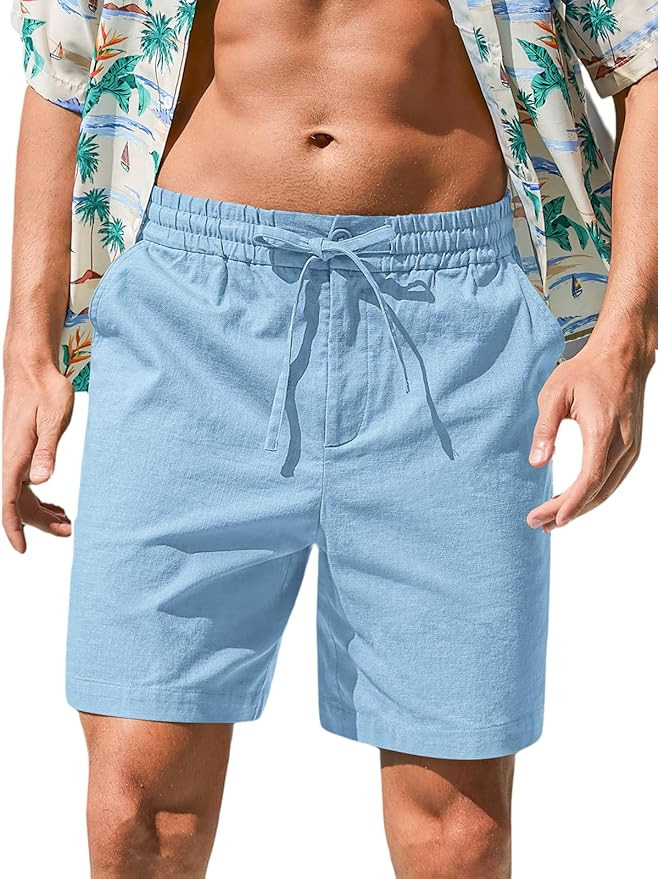 RQP Mens Cotton Linen Shorts Casual Drawstring 7inch Inseam Shorts Stretch Summer Beach Wear | Amazon (US)