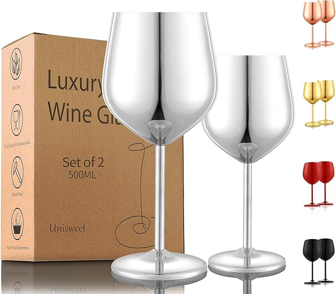Stainless Steel Wine Glasses Set of 2, 18 oz Unbreakable Silver Wine Glass Unique Metal Wine Gobl... | Amazon (US)
