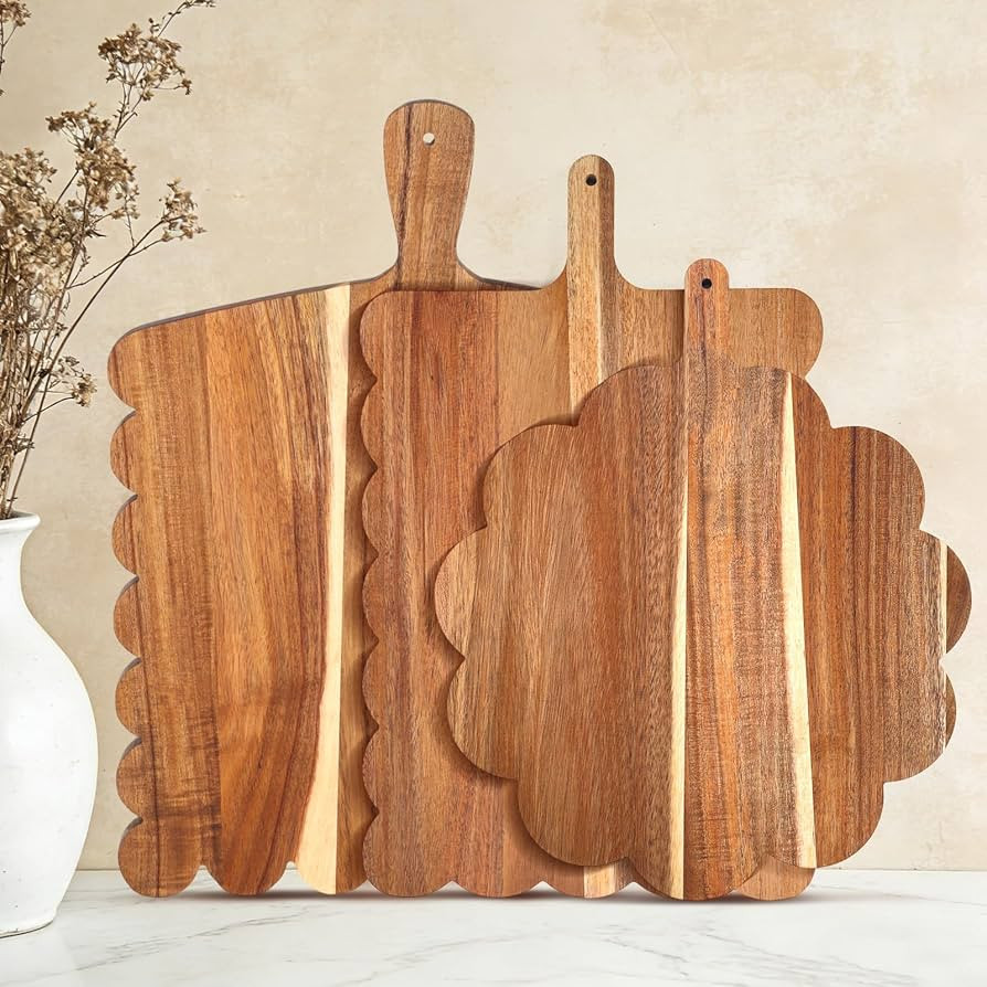 Acacia Wood Scalloped Cutting Boards Set, Decorative Wooden Charcuterie Boards with Handle for Ch... | Amazon (US)