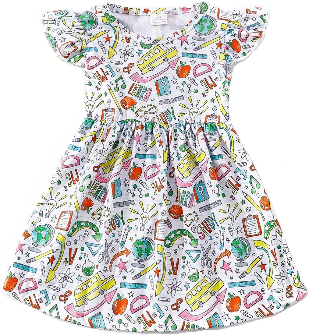 Toddler Girls Back to School Apple Pencil Yellow Dress Causal Flutter Sleeve Ruffle Bottom Dress | Amazon (US)