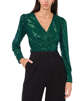 Women's Sequined Faux-Wrap Long-Sleeve Top | Macy's
