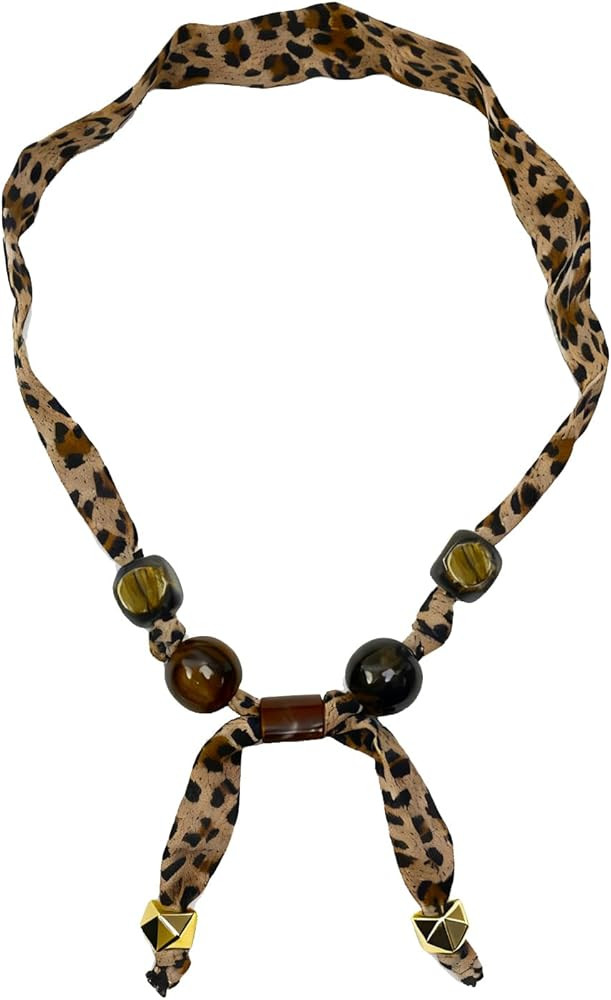 Leopard Scarf Fabric Choker Necklace for Women, Beads Adjustable Bandana Brown Silk Satin Style J... | Amazon (US)