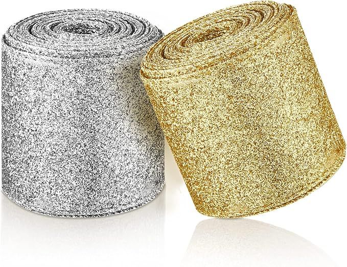 2 Rolls 20 Yards Christmas Ribbon Metallic Glitter Ribbon Wired Edge Decorative Fabric Ribbons fo... | Amazon (US)