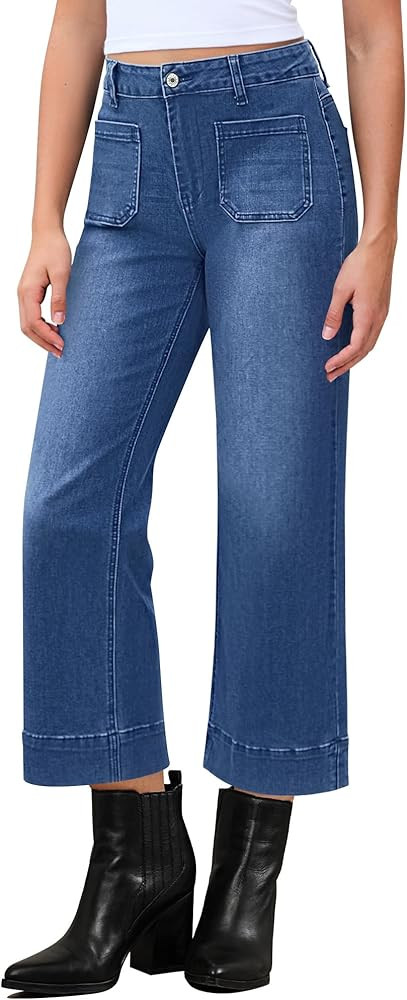 LookbookStore Wide Leg Cropped Jeans for Women High Waisted Stretchy Denim Jean Pants Baggy Flare... | Amazon (US)