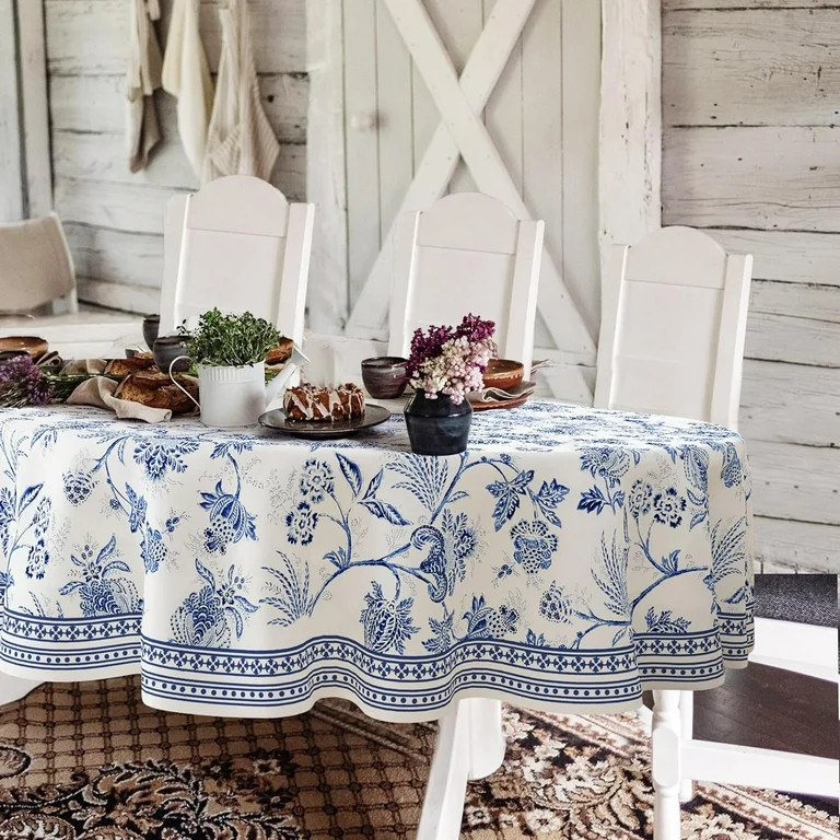 Blue Floral Oval Tablecloth 60x120 Inch, Blue and White French Country Tablecloth, Rustic Floral ... | Walmart (US)
