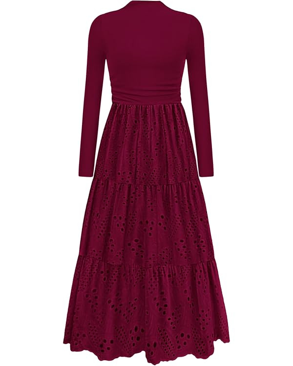 PRETTYGARDEN Long Sleeve Dress for Women 2025 Fall Eyelet Mock Neck A Line Elegant Classy Maxi We... | Amazon (US)