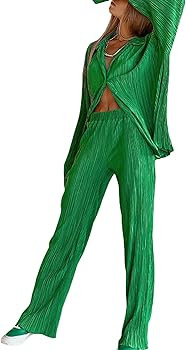 Women 2 Piece Plisse Set Outfit Long Sleeve Button Down Shirts High Waist Long Pants Pleated Casu... | Amazon (US)