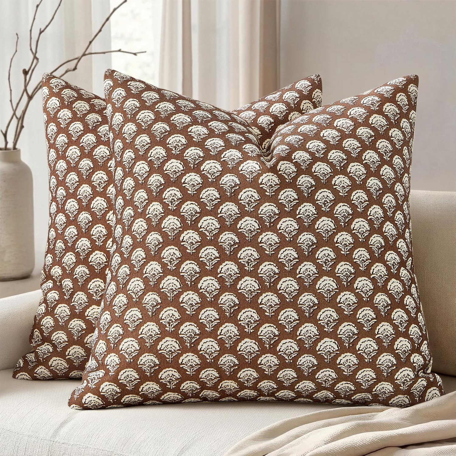 MIULEE Set of 2 Decorative Floral Throw Pillow Covers Neutral Vintage Fall Block Print Boho Farmhouse Cushion Covers for Modern Spring Home Decor Couch Sofa Bed Living Room, 20x20 Inch, Dark Brown | Amazon (US)