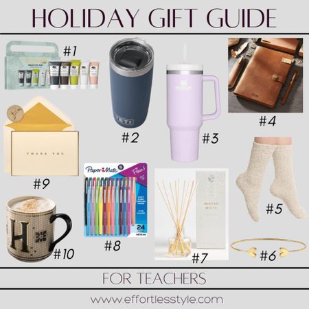We all love to spoil our children's teachers this time of year.  And did we ever have fun putting together this gift guide for teachers!!

#1 - Face Mask Set
#2 - Yeti 10 Oz Rambler
#3 - Stanley Tumbler
#4 - Leather Journal Notebook
#5 - Barefoot Dreams Cozy Socks
#6 - Heart Cuff Bracelet
#7 - Reed Diffuser
#8 - Flair Pens
#9 - Papyrus Thank You Cards
#10 - Monogram Mug



#LTKunder100 #LTKGiftGuide #LTKHoliday