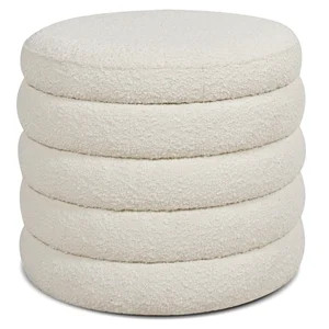 Fuji 22" Upholstered Boucle Round Storage Ottoman Ivory White | Homesquare