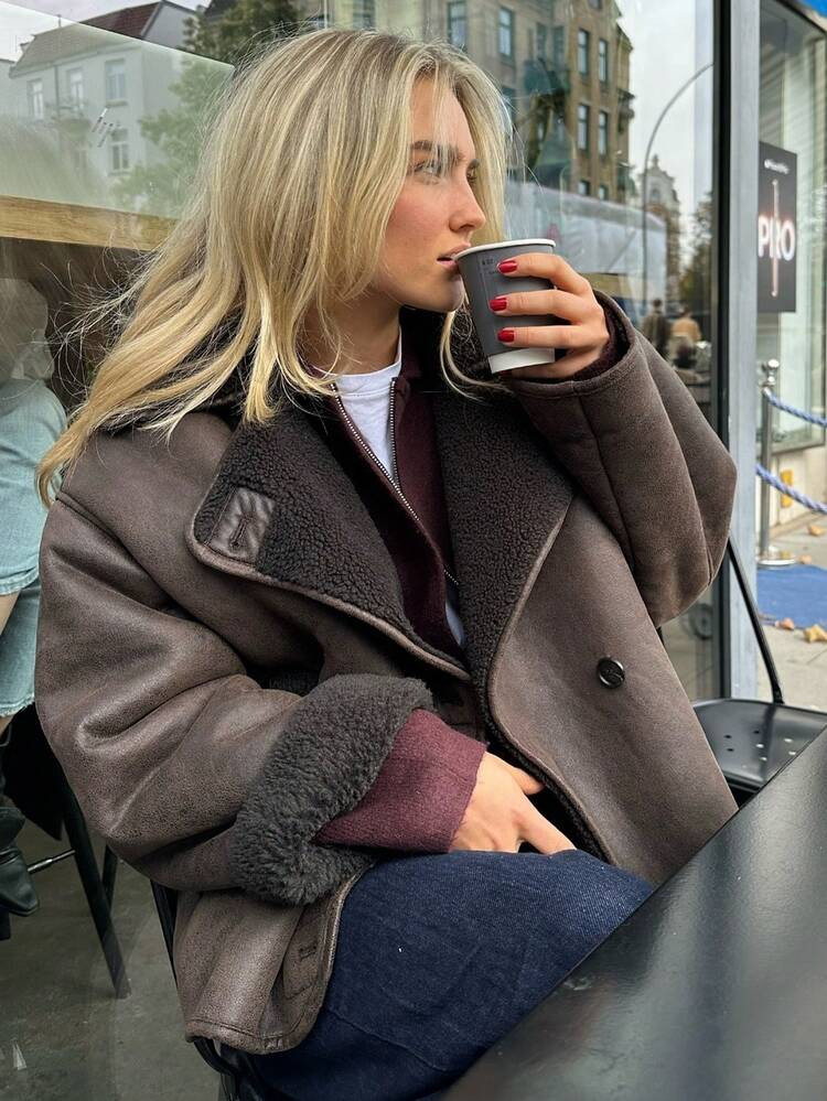 Damenjacke Aus Lammfellimitat Und Wildleder, Patchwork-Kragen, Vollarm, Herbst Winter, Lässig Loose Fit, Straßenmode, Warme Damenmäntel | SHEIN