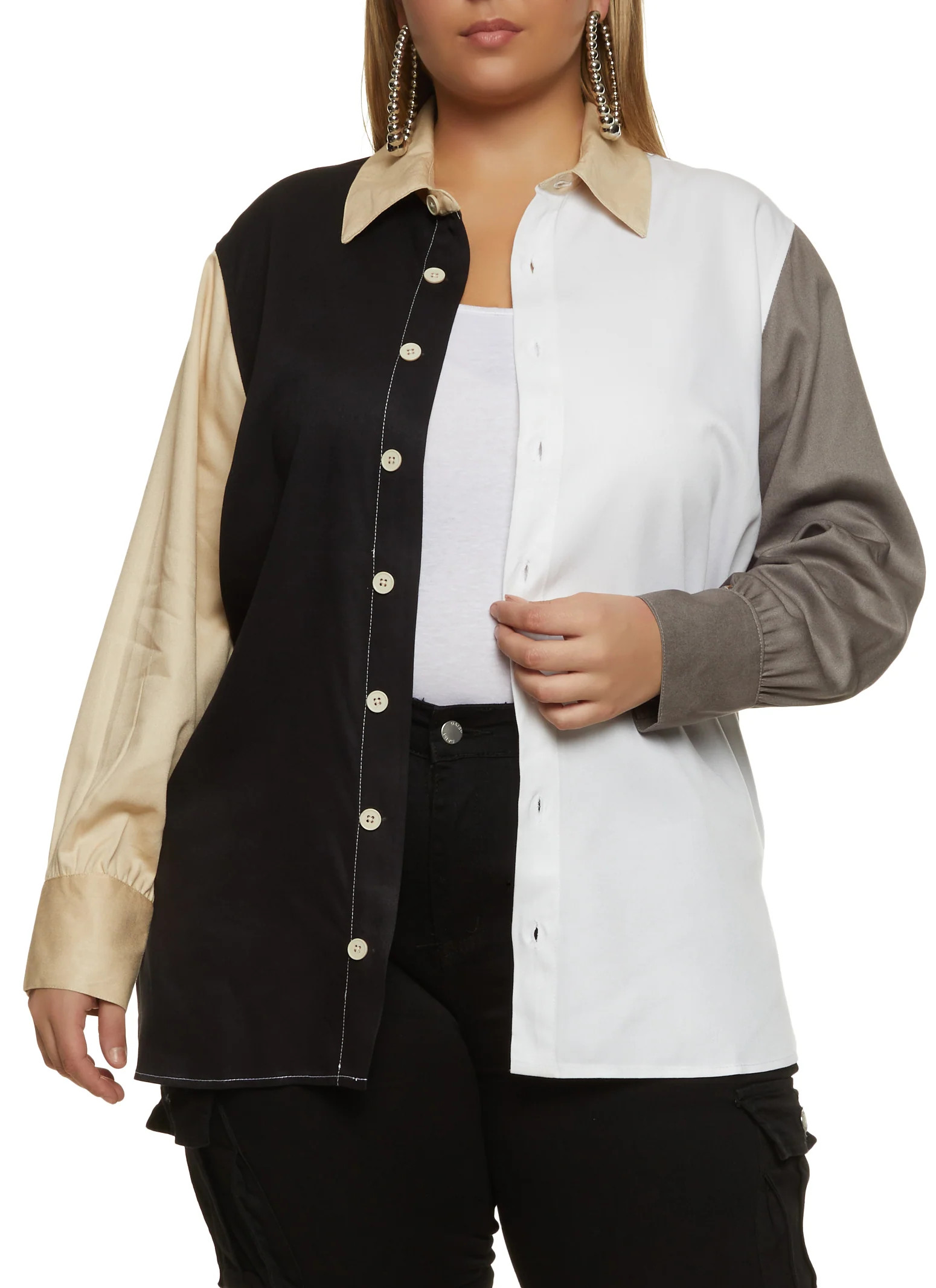 Plus Size Color Blocked Button Down Shirt  - Black/white | Rainbow Shops