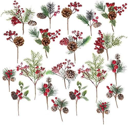 20 Pack Artificial Christmas Picks Assorted Red Berry Picks Stems Faux Pine Picks Spray with Pine... | Amazon (US)