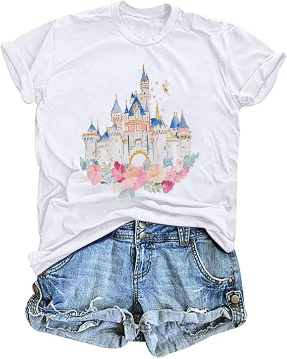 Magic Kingdom Shirts for Women Floral Castle T Shirt Funny Holiday Vacation Tops Cute Graphic Sho... | Amazon (US)