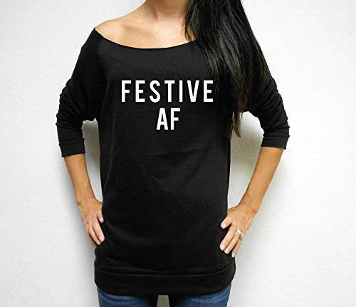 Festive AF Christmas Sweatshirt, Merry AF, Off Shoulder Lightweight Shirt, Holiday Sweater, Ugly ... | Amazon (US)