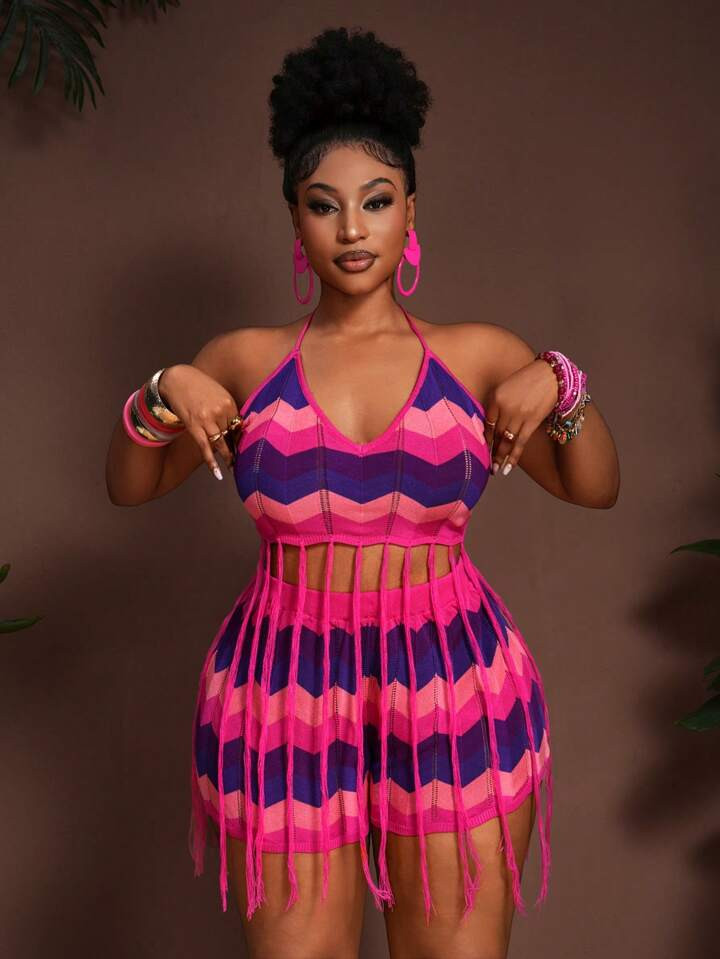 Slaydiva Plus Size Short Jumpsuit With Halter Top, Fashionable Summer Outfit | SHEIN