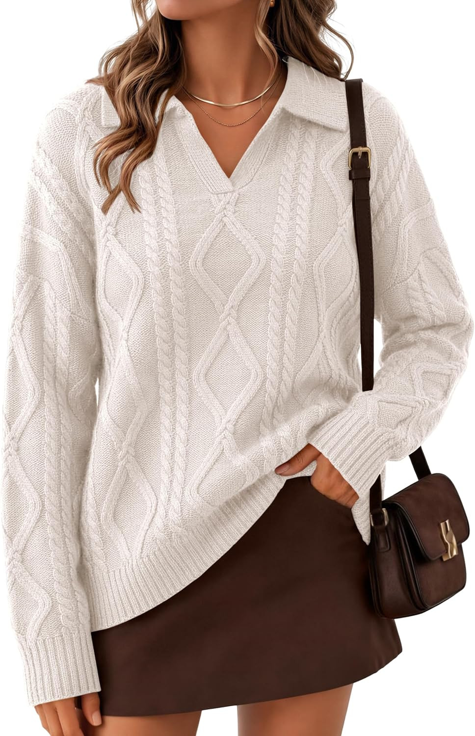 Lazysmile Womens Oversized Cable Knit Sweater V Neck Polo Pullover | Amazon (US)