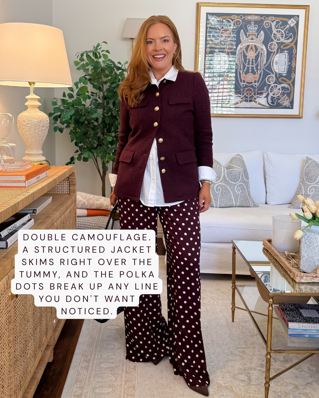 Double camouflage for the mom pooch 🤍 A structured jacket skims right over the stomach, and polka dots break up any line you don't want noticed. Wearing [size] in everything#LTKMomStyle #FallWorkwear #OfficeOutfits #WorkwearStyle

#LTKWorkwear #LTKmomlife #LTKootd