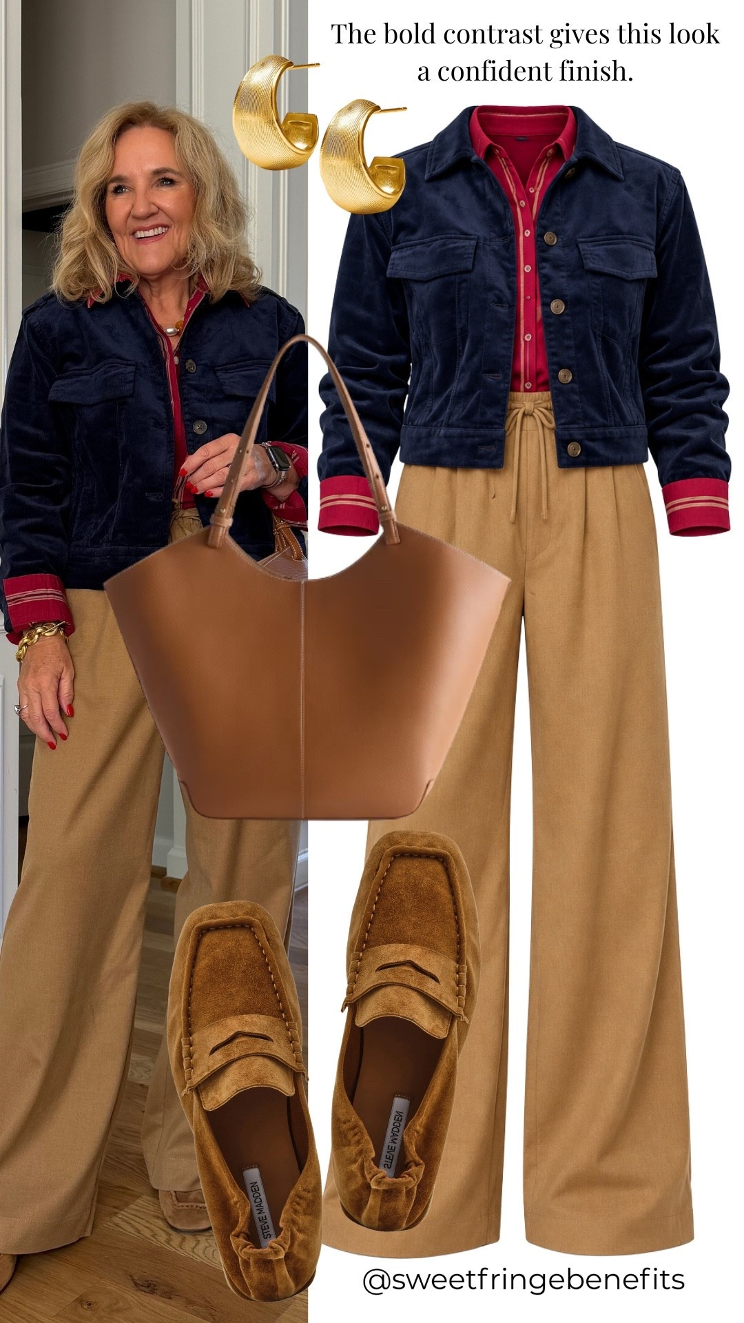 I’m really liking this mix of navy, red, and camel. I’m wearing a medium in the corduroy jacket and pants, and a small petite in the striped blouse.