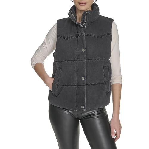 Levi's Women's Western Stand Collar Puffer Vest, Black Wash Denim, X-Large | Amazon (US)