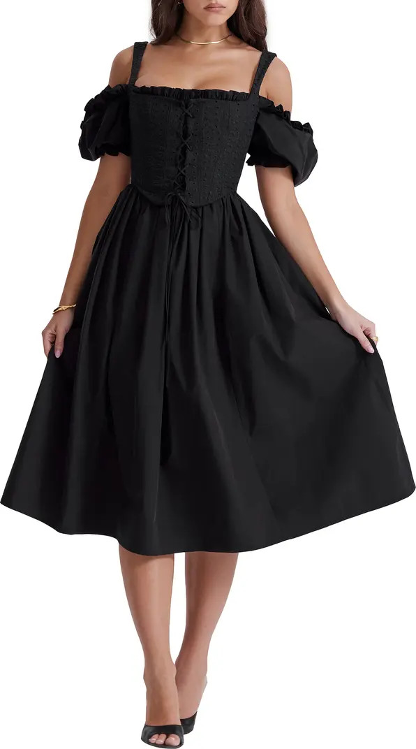 HOUSE OF CB Silvana Embroidered Cold Shoulder Corset Fit & Flare Dress | Nordstrom | Nordstrom