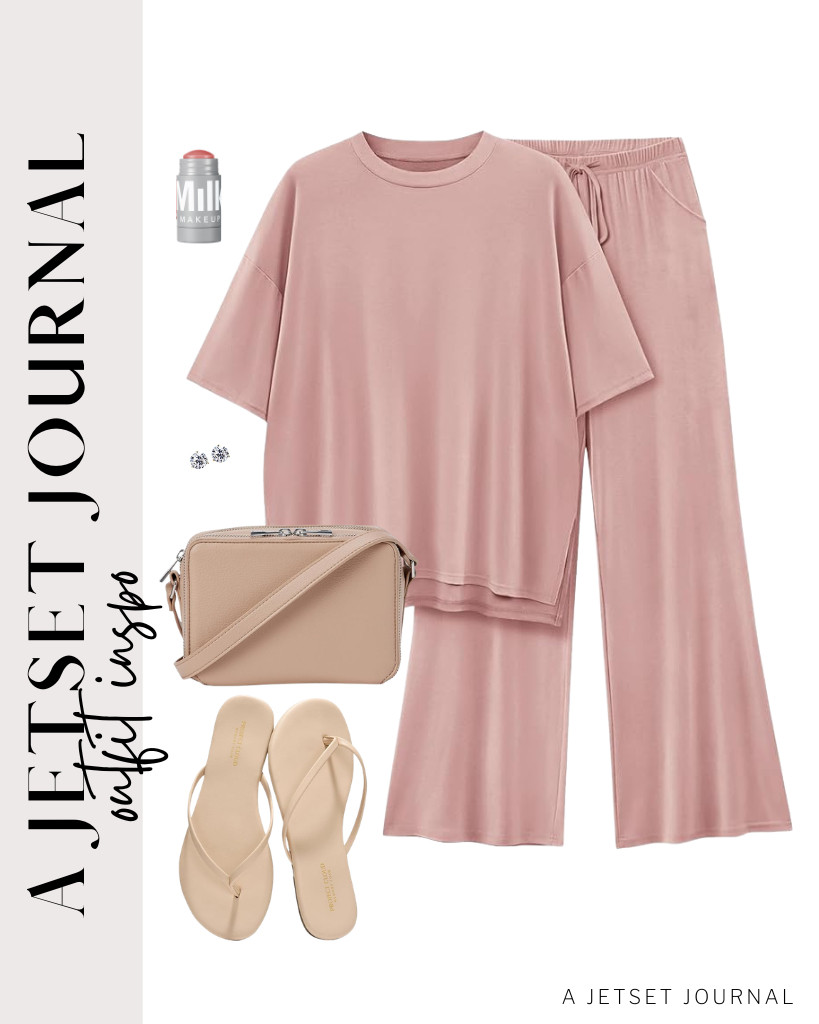An oversized dusty pink lounge set is perfect for Project Cloud flip-flops when you are aiming for a chic, relaxed outfit. I also found an Amazon Essentials boxy crossbody bag that goes well with the outfit, together with subtle cubic zirconia stud earrings.

#LTKSeasonal #LTKSaleAlert #LTKTravel
 

 