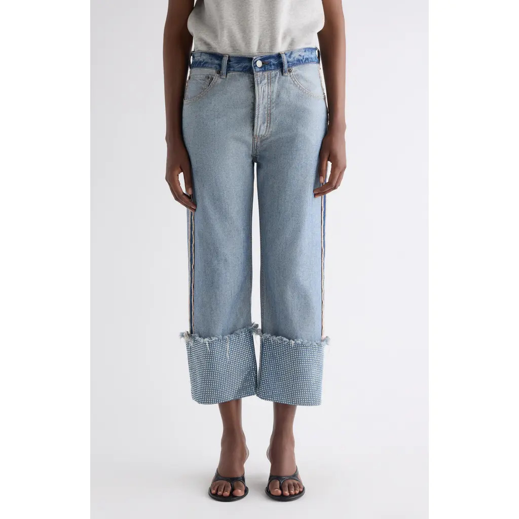 Acne Studios Rhinestone Cuff Ankle Jeans in Mid Blue at Nordstrom, Size 0 Us | Nordstrom