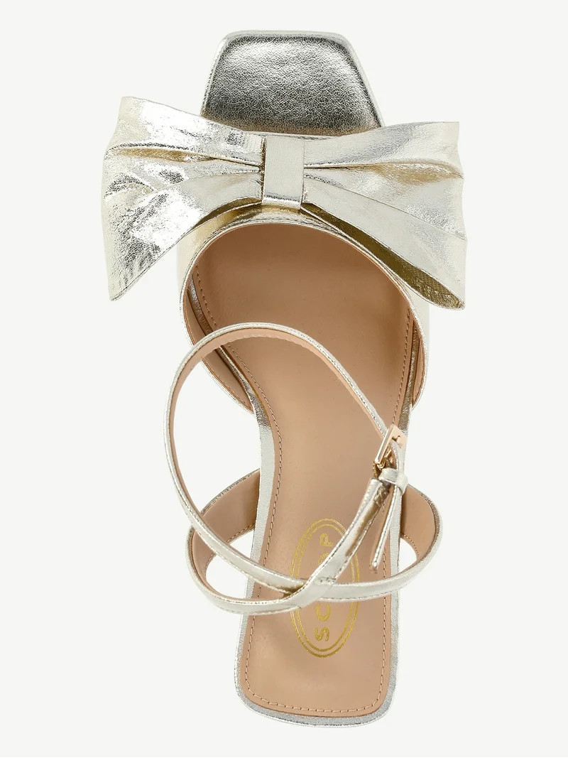 Scoop Women's Metallic Faux Leather Bow Heels with Ankle Strap - Walmart.com | Walmart (US)
