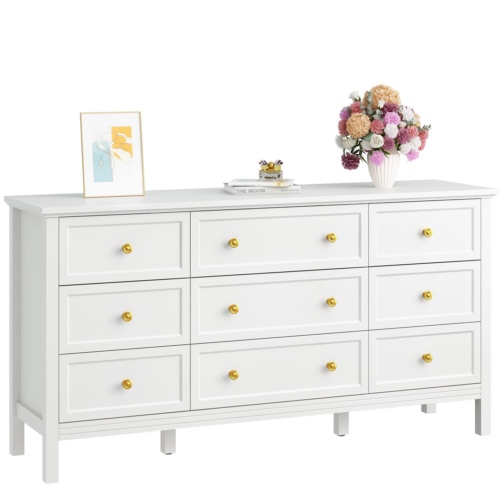 CARPETNAL White Dresser for Bedroom, 9 Drawer Dresser with Wide Drawers and Gold Metal Handles, 5... | Amazon (US)