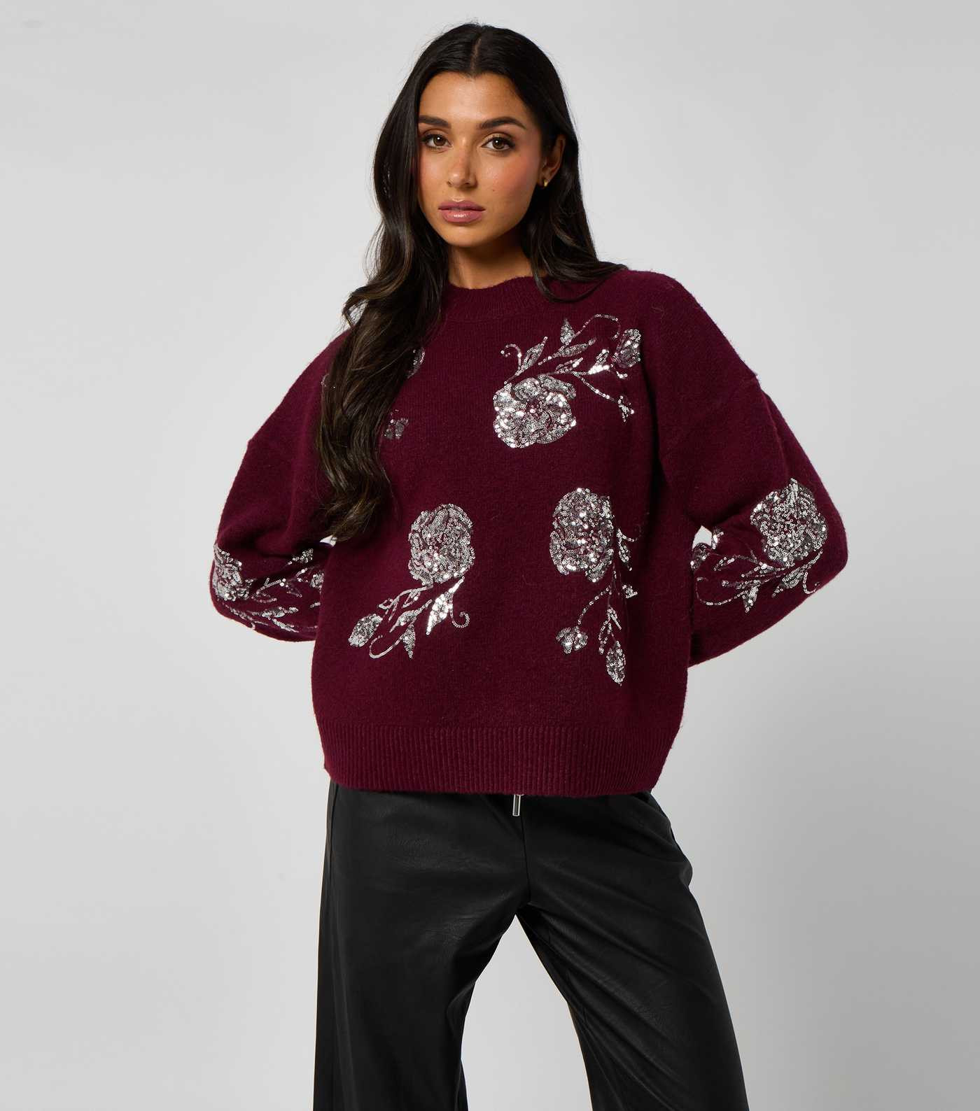Urban Bliss Dark Burgundy Floral Sequin Embroidered Jumper | New Look | New Look (UK)