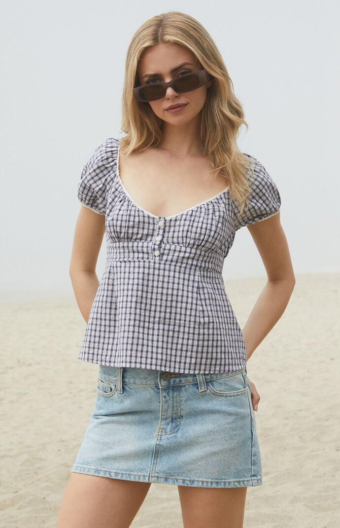 John Galt Women's Blue & White Plaid Blair Short Sleeve Top in Blue/White | PacSun