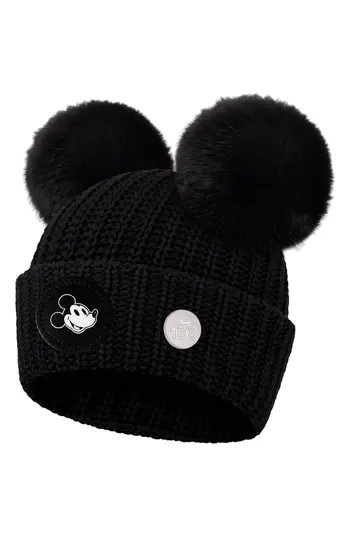LOVE YOUR MELON x Disney Mickey Mouse Faux Fur Pompom Beanie in Black at Nordstrom Rack | Nordstrom Rack