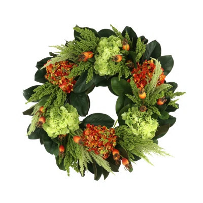28" Hydrangea, Heather And Berry Fall Wreath With Magnolia Leaves | Wayfair North America