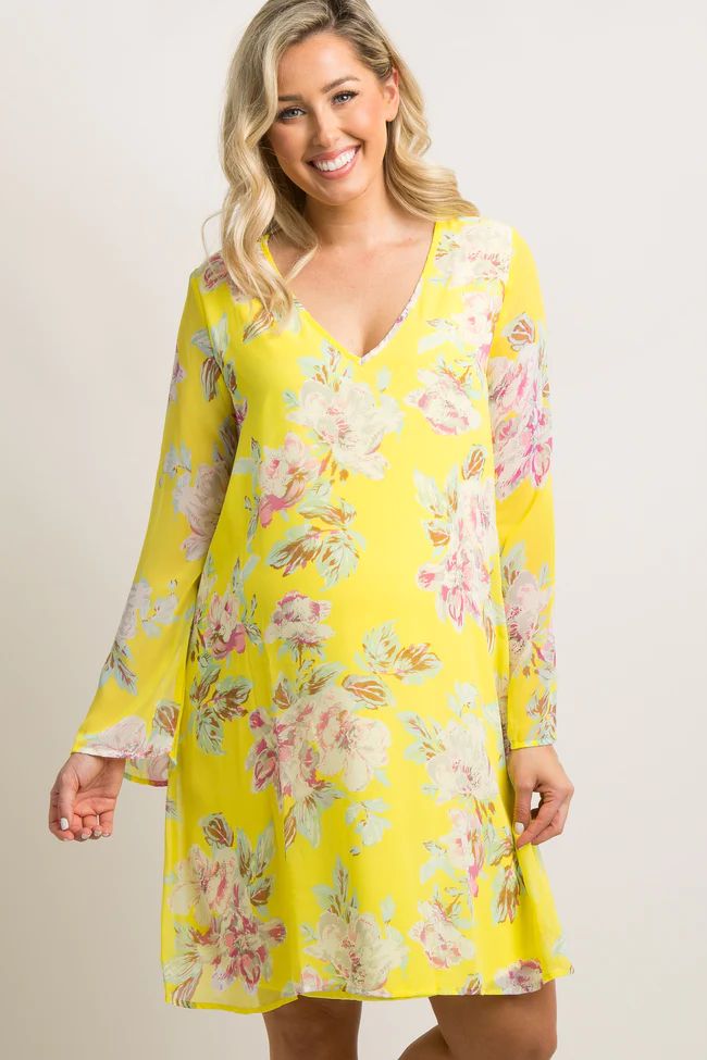 PinkBlush Yellow Floral Printed V-Neck Chiffon Maternity Dress | PinkBlush Maternity