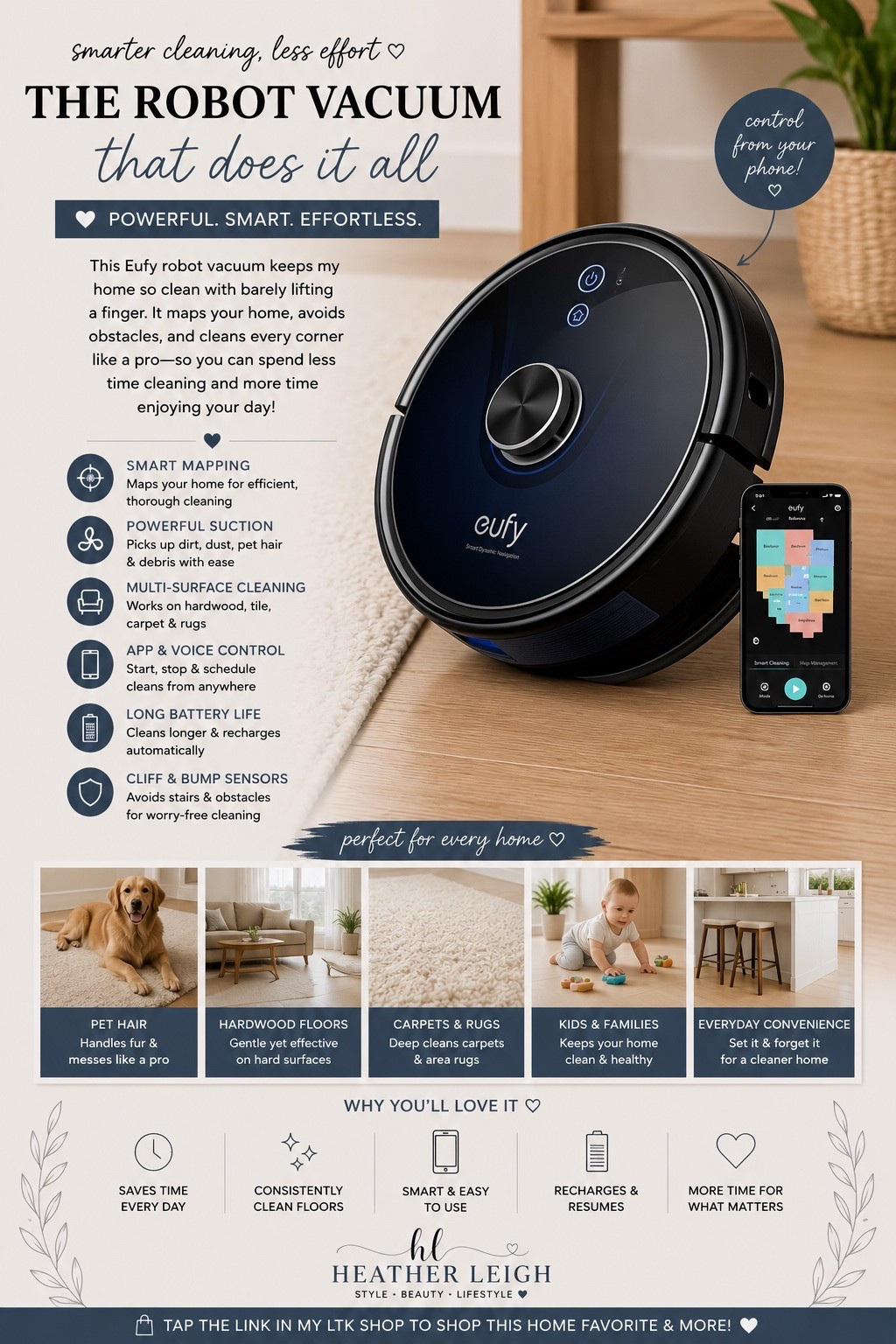 One of the best home upgrades I’ve made lately 🤍✨
This robot vacuum seriously makes life easier especially with workouts, busy schedules, kids, pet hair, and everyday messes. I love that I can start it right from my phone and let it handle the cleaning while I focus on everything else.

Clean floors with less effort = a win every single time 🙌

✔️ Smart mapping
✔️ App controlled
✔️ Great for pet hair & crumbs
✔️ Keeps up with everyday life

#LTKhome #AmazonFinds #HomeFavorites #SmartHome #CleaningHacks #RobotVacuum #MomLife #HeatherLeigh #HomeEssentials #LTKStyle