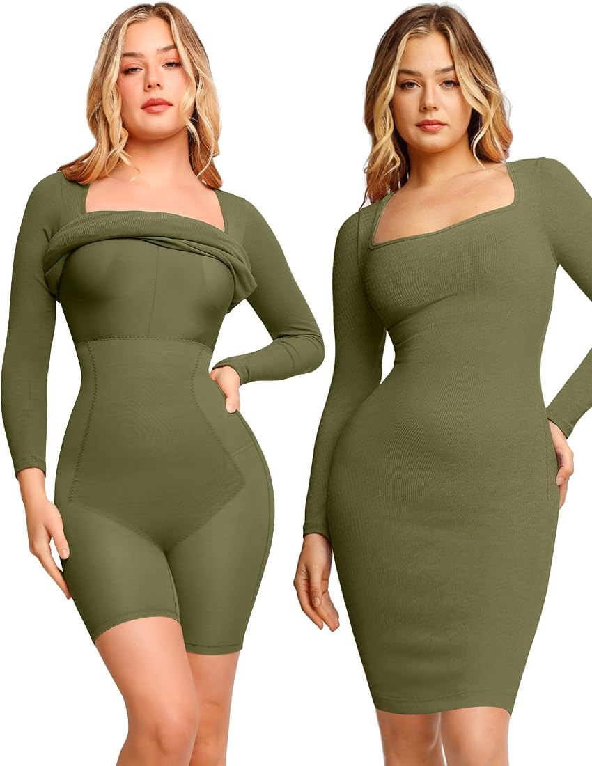 Popilush Shaper Dress with Build in Shapewear 8 in 1 Bodycon Mdi Dress for Women Lounge Long Slee... | Amazon (US)